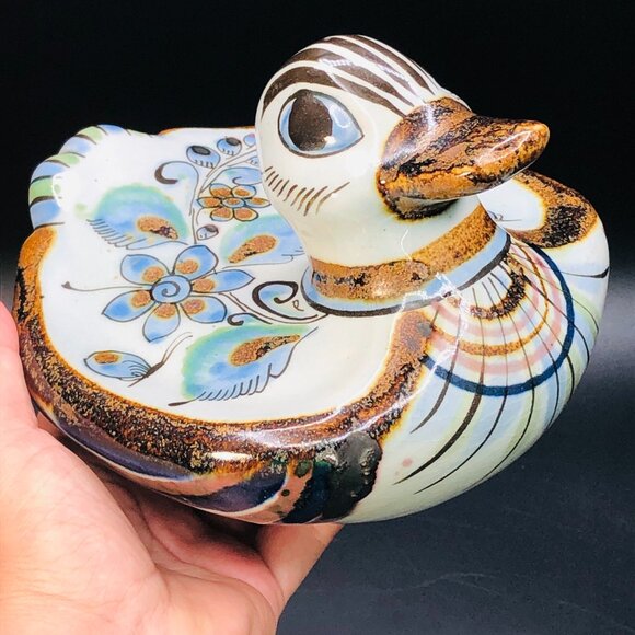 Vintage Ken Edwards Tonala Pottery DUCK, Folk Art Blue Bird Butterfly Florals - Picture 9 of 13